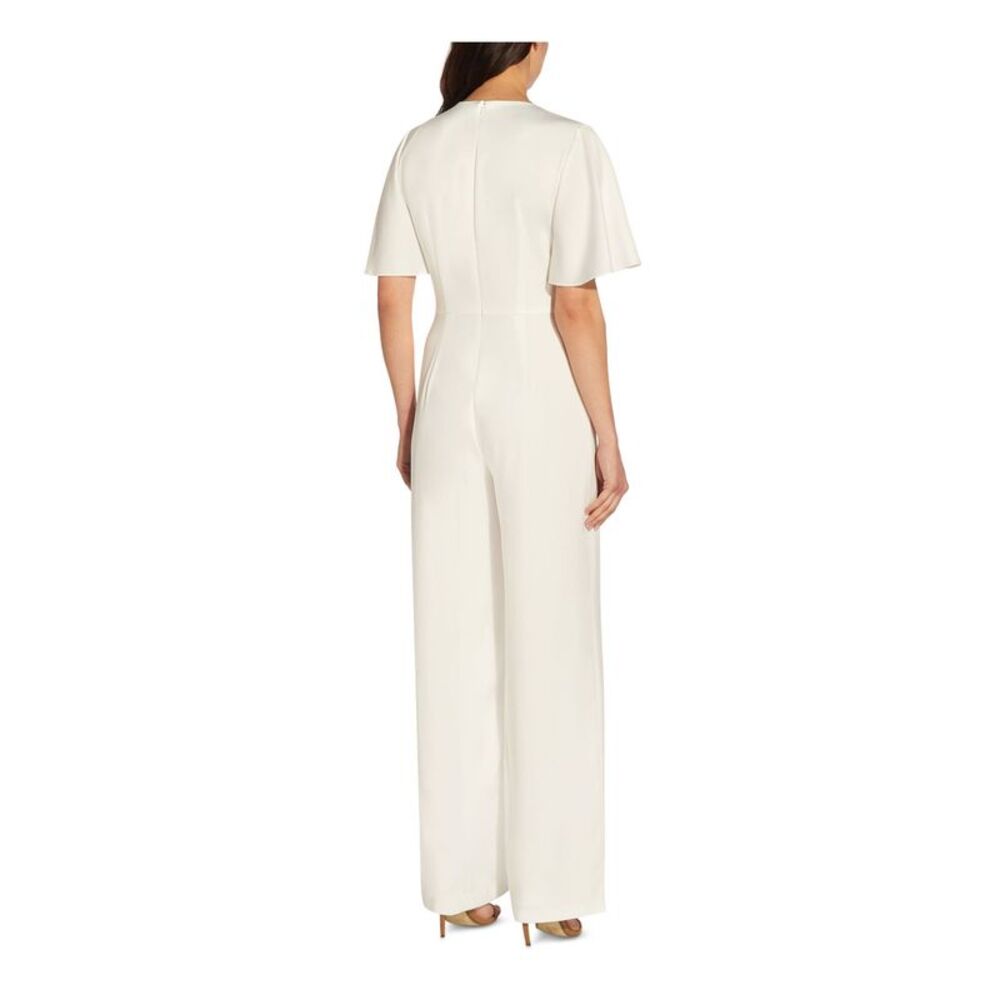 NWT ADRIANNA PAPELL Womens Ivory Flutter Sleeve Cocktail Wide Leg Jumpsuit 2 - Picture 2 of 5